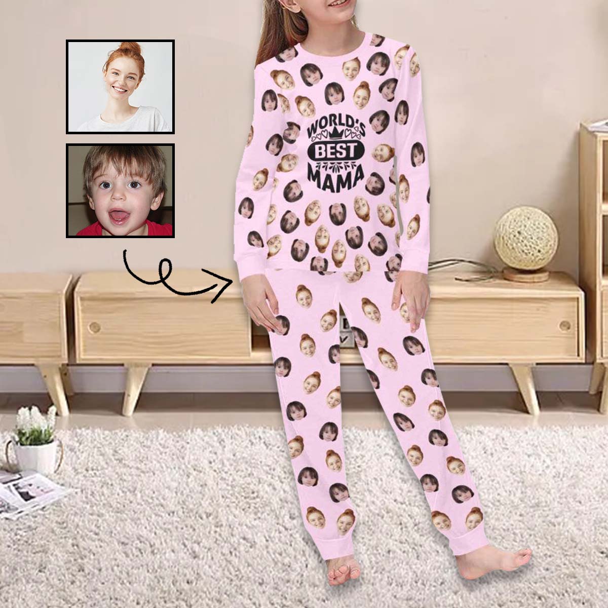 FacePajamas Mother-kid Pajamas Custom Face Pajamas Sets Blue Pink Best Mama Mother-kid Matching Nightwear Mother's Day & Birthday Gift