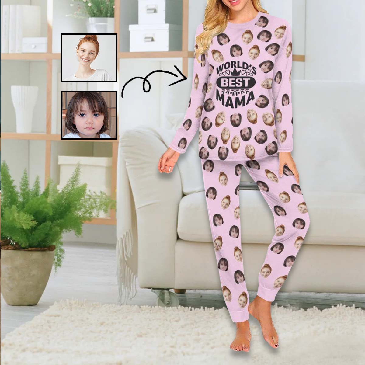 FacePajamas Mother-kid Pajamas Custom Face Pajamas Sets Blue Pink Best Mama Mother-kid Matching Nightwear Mother's Day & Birthday Gift