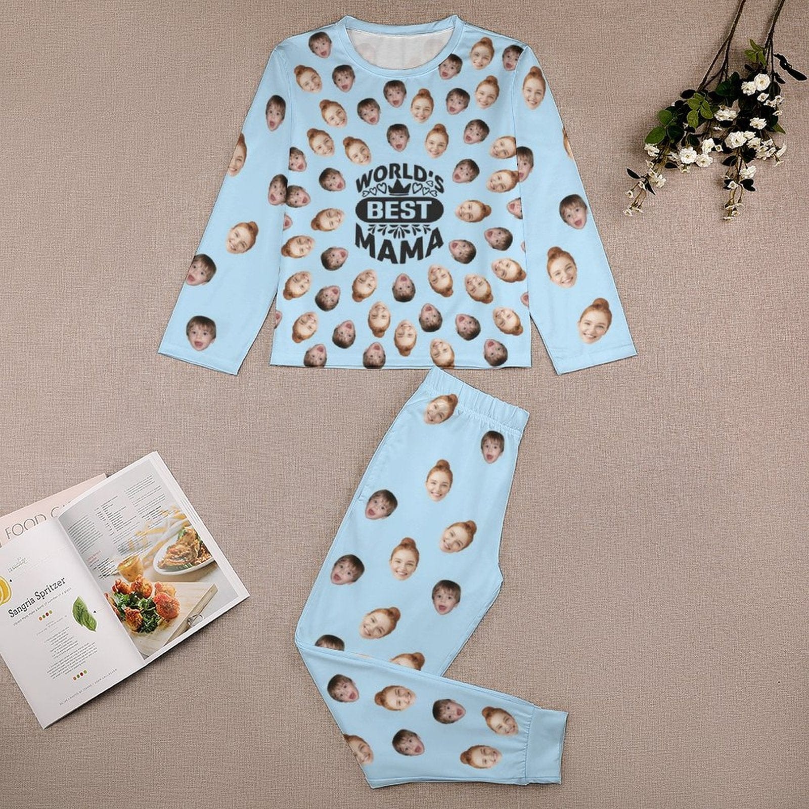 FacePajamas Mother-kid Pajamas Custom Face Pajamas Sets Blue Pink Best Mama Mother-kid Matching Nightwear Mother's Day & Birthday Gift