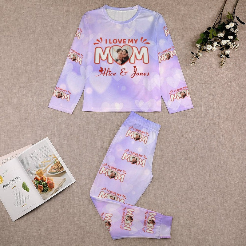 FacePajamas 387560669431 Custom Face Pajamas Sets Pink Purple Heart Love Mom Mother-kid Matching Nightwear Mother's Day & Birthday Gift