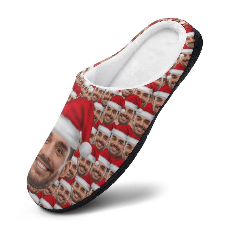 FacePajamas Slippers-2YX-SDS Custom Face Seamless Photo Christmas Hat Men's All Over Print Cotton Slippers