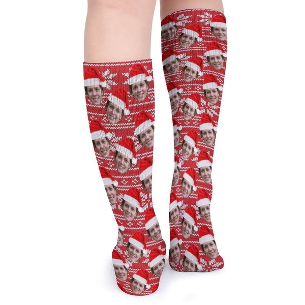 FacePajamas Sublimated Crew Socks-2WH-SDS Custom Face Sublimated Crew Socks Red Hat Socks Personalized Funny Photo Socks Gift for Christmas