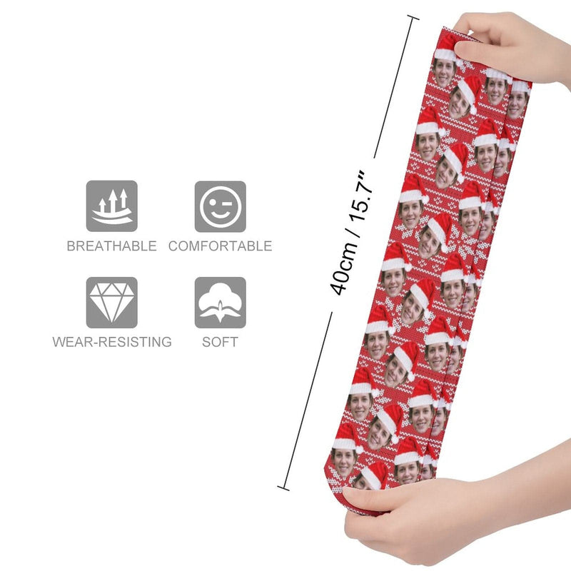 FacePajamas Sublimated Crew Socks-2WH-SDS Custom Face Sublimated Crew Socks Red Hat Socks Personalized Funny Photo Socks Gift for Christmas