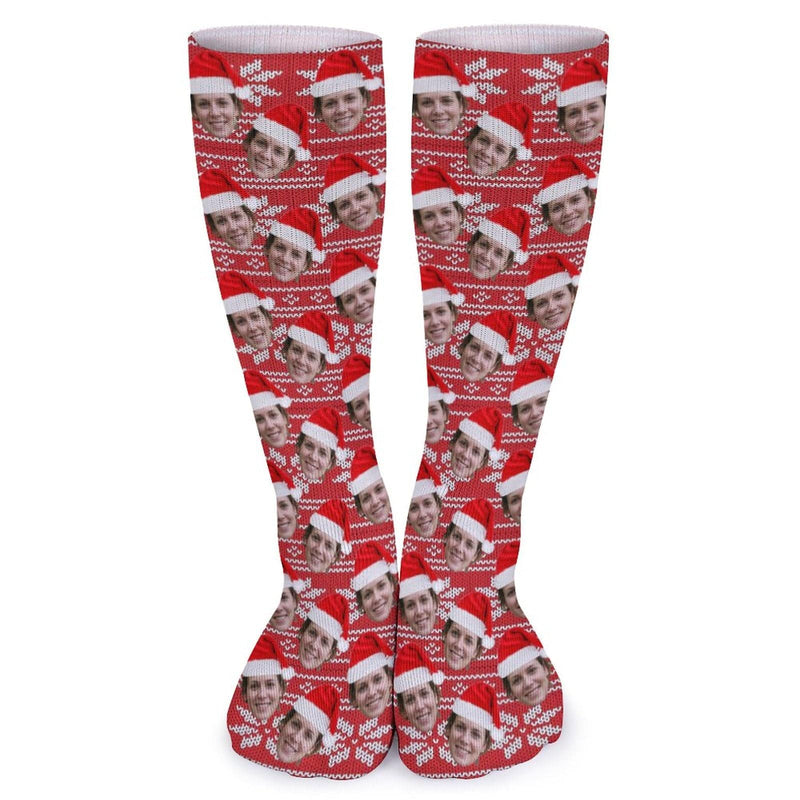 FacePajamas Sublimated Crew Socks-2WH-SDS Custom Face Sublimated Crew Socks Red Hat Socks Personalized Funny Photo Socks Gift for Christmas