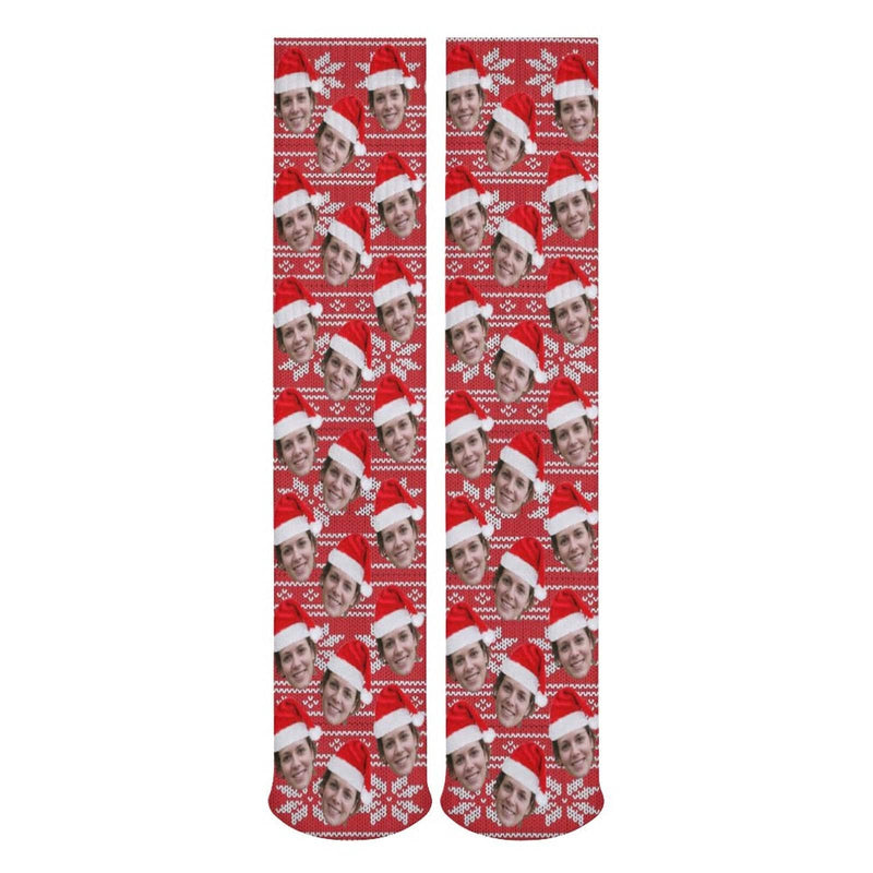 FacePajamas Sublimated Crew Socks-2WH-SDS Custom Face Sublimated Crew Socks Red Hat Socks Personalized Funny Photo Socks Gift for Christmas