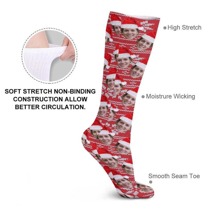 FacePajamas Sublimated Crew Socks-2WH-SDS Custom Face Sublimated Crew Socks Red Hat Socks Personalized Funny Photo Socks Gift for Christmas