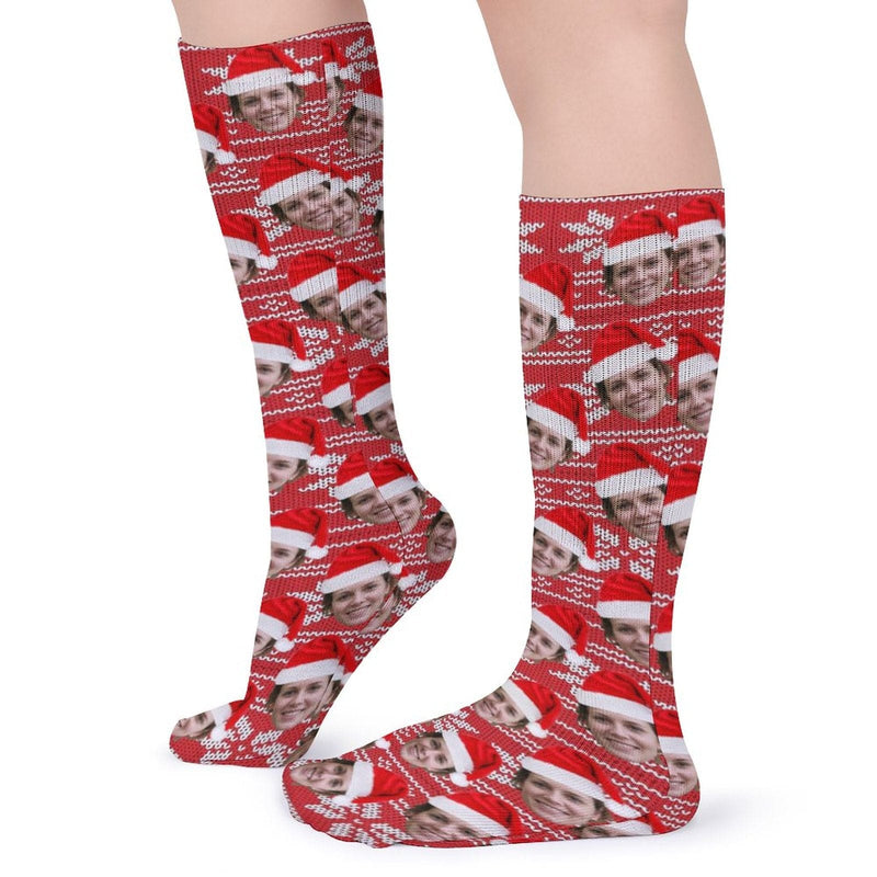 FacePajamas Sublimated Crew Socks-2WH-SDS Custom Face Sublimated Crew Socks Red Hat Socks Personalized Funny Photo Socks Gift for Christmas