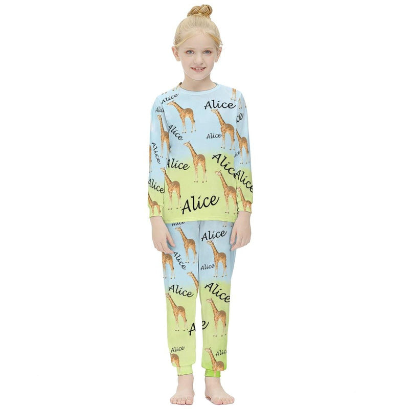 FacePajamas Pajama Custom Name Pajamas Cartoon Giraffe Sleepwear Personalized Kids Long Sleeve Pajama Set