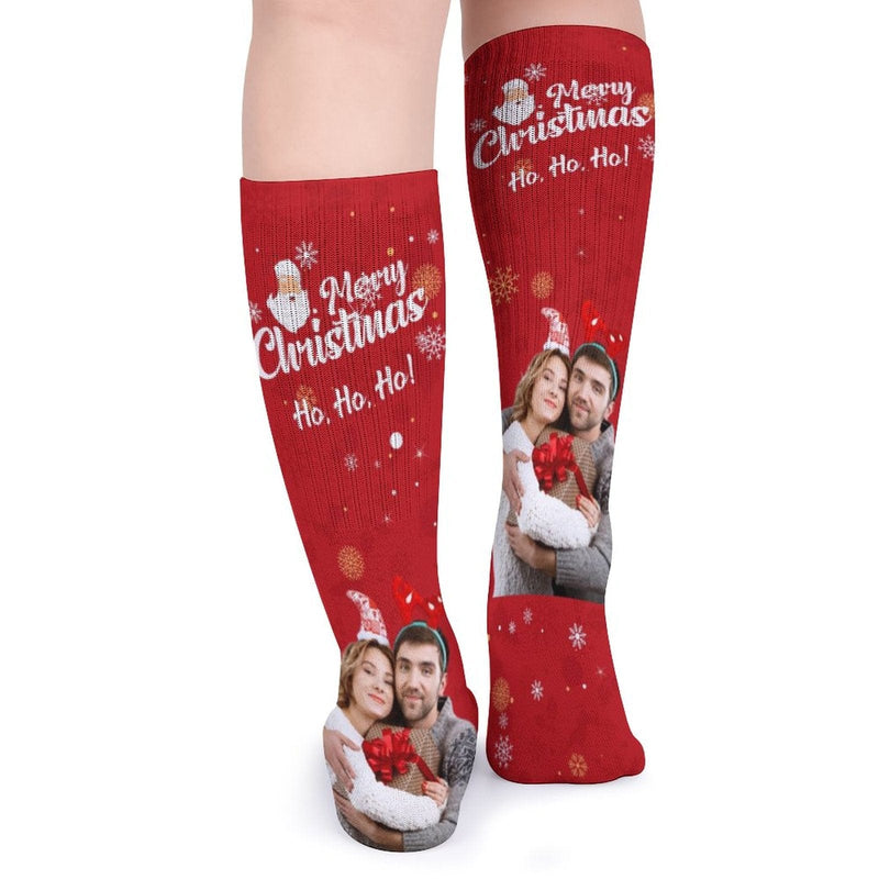 FacePajamas Sublimated Crew Socks-2WH-SDS Custom Photo Couple Red Background Sublimated Crew Socks Personalized Funny Photo Socks Gift for Christmas