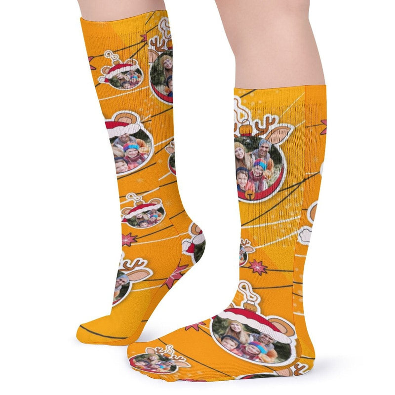 FacePajamas Sublimated Crew Socks-2WH-SDS Custom Photo Line Yellow Sublimated Crew Socks Personalized Funny Photo Socks Gift for Christmas