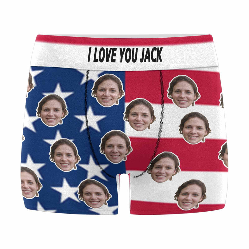 FacePajamas Men Underwear Custom Waistband Boxer Briefs Love You Flag Personalized Face&Name Design Funny Underwear for Men