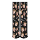 FacePajamas Sublimated Crew Socks-2WH-SDS Fathers Day Socks With Custom Dad Kid Face Black Background Personalized Sublimated Crew Socks Gift For Australian Father's Day