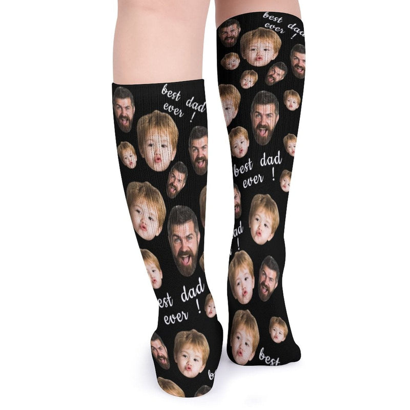 FacePajamas Sublimated Crew Socks-2WH-SDS Fathers Day Socks With Custom Dad Kid Face Black Background Personalized Sublimated Crew Socks Gift For Australian Father's Day