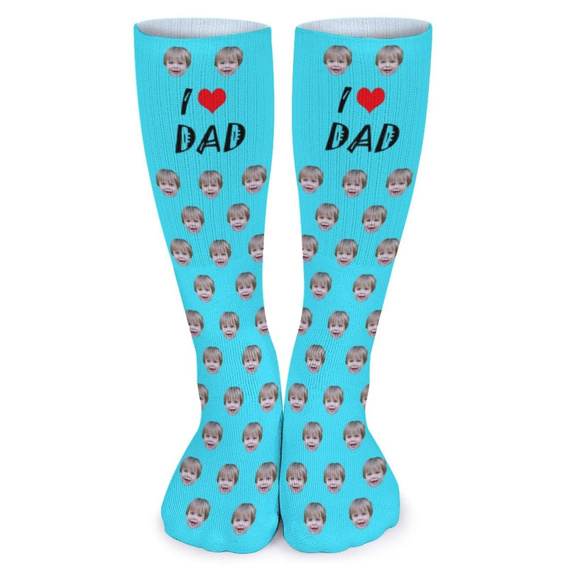 FacePajamas Sublimated Crew Socks-2WH-SDS Fathers Day Socks With Custom Face I Love Dad Blue Background Personalized Sublimated Crew Socks Gift For Australian Father's Day