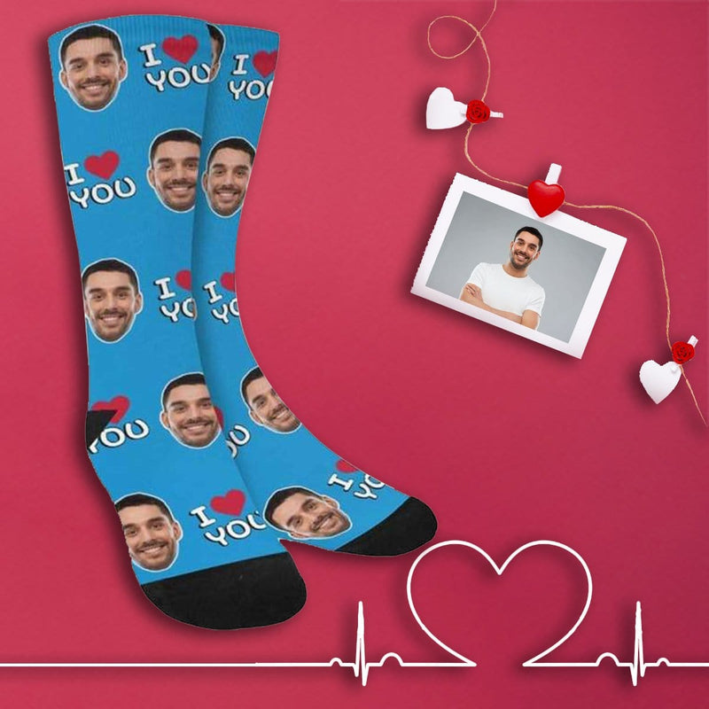 FacePajamas Sublimated Crew Socks One Size Custom Face I Love You Blue Socks Personalized Photo Sublimated Crew Socks Unisex Gift for Men Women