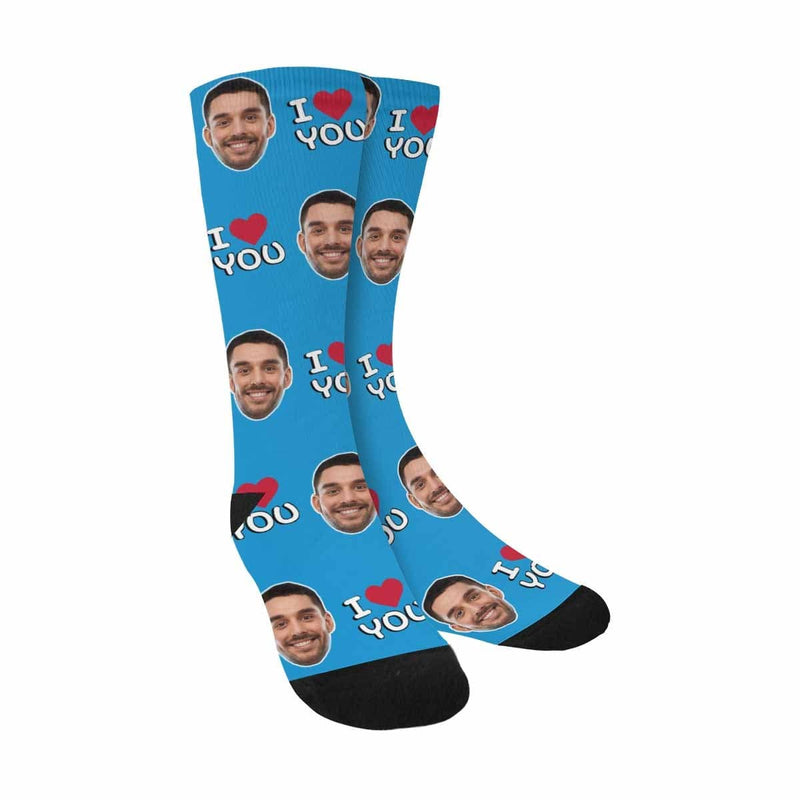 FacePajamas Sublimated Crew Socks One Size Custom Face I Love You Blue Socks Personalized Photo Sublimated Crew Socks Unisex Gift for Men Women