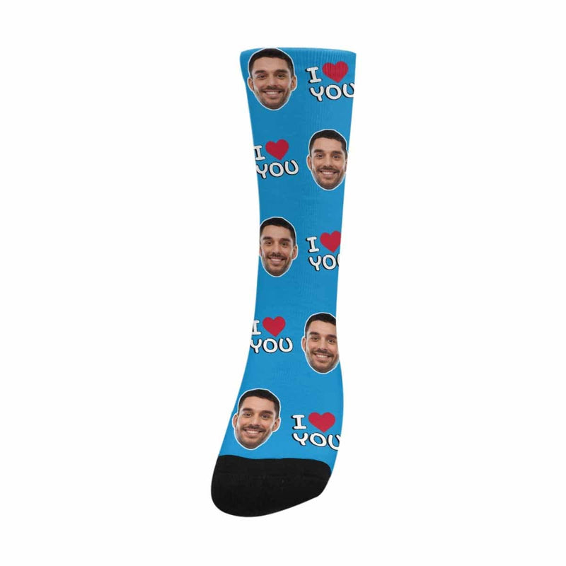 FacePajamas Sublimated Crew Socks One Size Custom Face I Love You Blue Socks Personalized Photo Sublimated Crew Socks Unisex Gift for Men Women