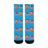 FacePajamas Sublimated Crew Socks One Size Custom Face I Love You Blue Socks Personalized Photo Sublimated Crew Socks Unisex Gift for Men Women