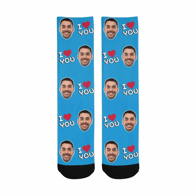 FacePajamas Sublimated Crew Socks One Size Custom Face I Love You Blue Socks Personalized Photo Sublimated Crew Socks Unisex Gift for Men Women