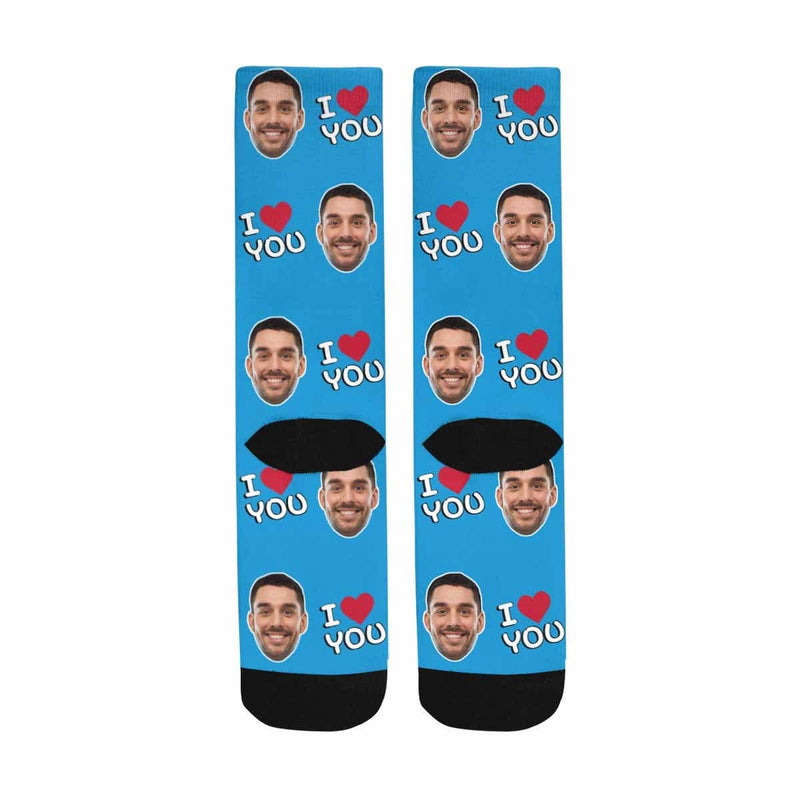 FacePajamas Sublimated Crew Socks One Size Custom Face I Love You Blue Socks Personalized Photo Sublimated Crew Socks Unisex Gift for Men Women