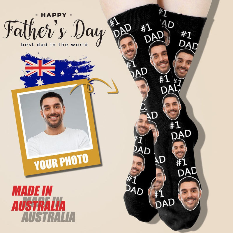 FacePajamas Sublimated Crew Socks One Size Custom Face Number One Dad Socks Personalized Photo Sublimated Crew Socks