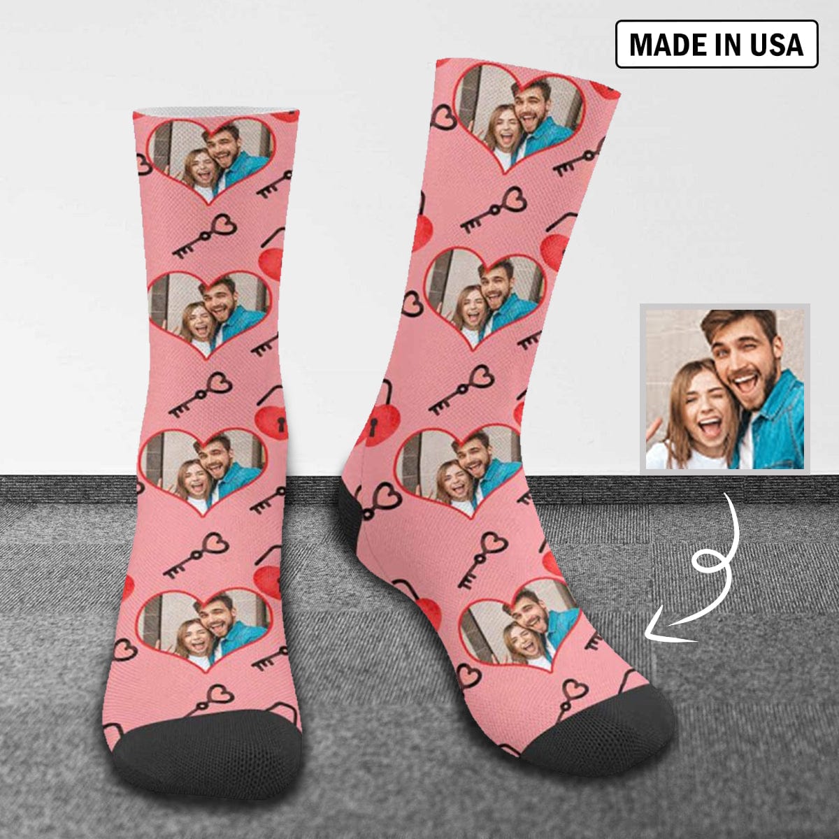 Custom Picture Socks Pink Personalized Keys Sublimated Crew Socks