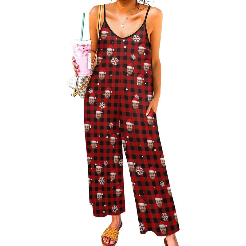 FacePajamas Pajama-2ML-SDS Persoanlized Sleepwear Custom Photo Funny Loungewear With Faces On Women's Red Plaid Christmas Hat Suspender Jumpsuit Loungewear