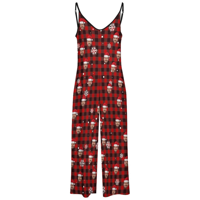 FacePajamas Pajama-2ML-SDS Persoanlized Sleepwear Custom Photo Funny Loungewear With Faces On Women's Red Plaid Christmas Hat Suspender Jumpsuit Loungewear