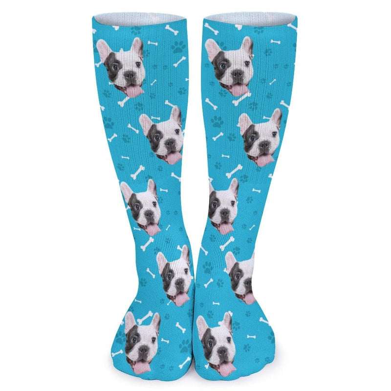 FacePajamas Sublimated Crew Socks-2WH-SDS Personalised Pet Socks Dog Face Bone Blue Background Custom Sock with Dog Picture Sublimated Crew Socks