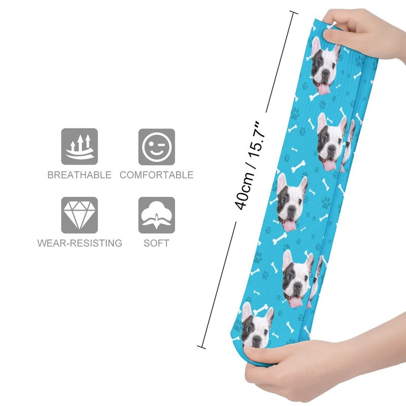 FacePajamas Sublimated Crew Socks-2WH-SDS Personalised Pet Socks Dog Face Bone Blue Background Custom Sock with Dog Picture Sublimated Crew Socks