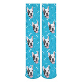 FacePajamas Sublimated Crew Socks-2WH-SDS Personalised Pet Socks Dog Face Bone Blue Background Custom Sock with Dog Picture Sublimated Crew Socks