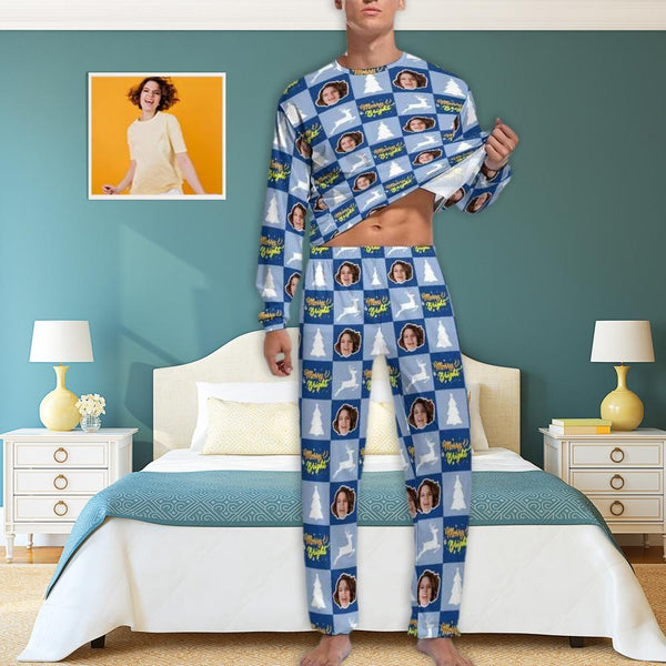 FacePajamas Pajama Personalized Photo Pajama Set Custom Face Christmas Tree Elk Print Men's Pajamas Sleep Or Loungewear For Him