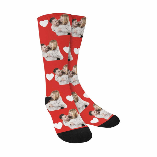 FacePajamas Sublimated Crew Socks Red Custom Face Couple Socks Love Heart Sublimated Crew Socks Personalized Picture Socks Unisex Gift for Men Women