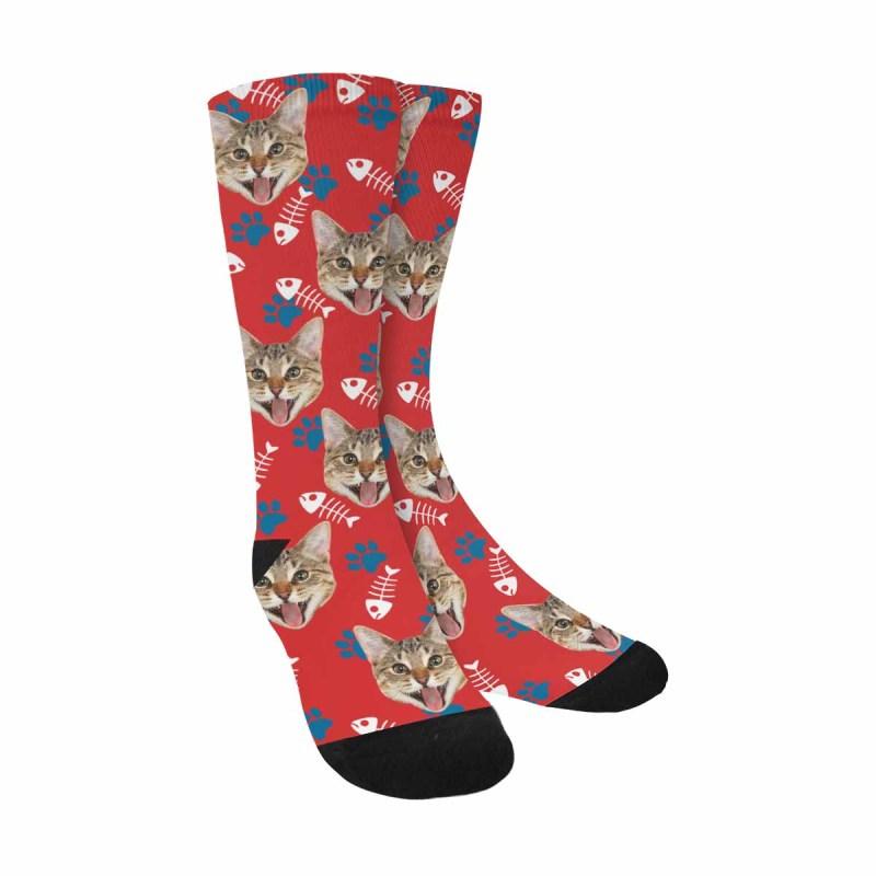 FacePajamas Sublimated Crew Socks Red Personalised Pet Socks Custom Sublimated Crew Socks with Cat Face Funny Printed Photo Pet Socks Unisex Gift