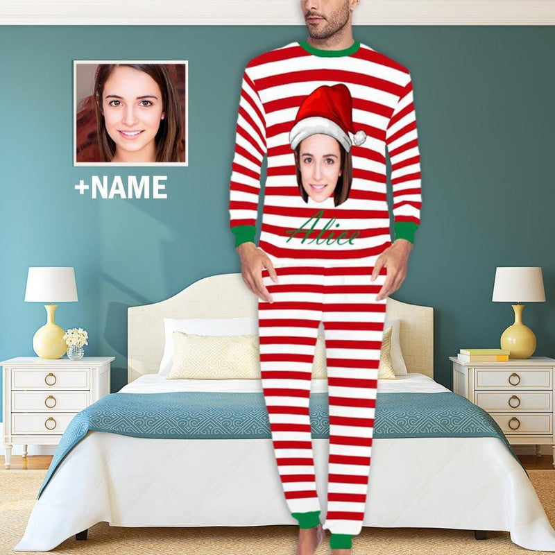 FacePajamas Pajama Red / S Custom Face & Name Red White Stripes Ch istmas Sleepwear Personalized Men's Slumber Party All Over Print Pajama Set
