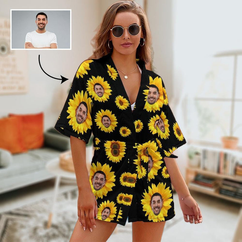 FacePajamas Pajama-2YX-SDS S Custom Boyfriend Face Sunflowers Women's Short Pajamas Funny Personalized Photo Pajamas Kimono Robe