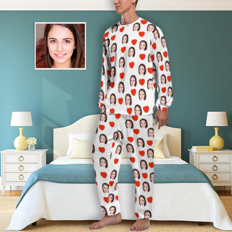 FacePajamas Pajama S Custom Face Love Heart Girlfriend White Men's Pajamas Personalized Funny Nightwear Long Sleeve for Him