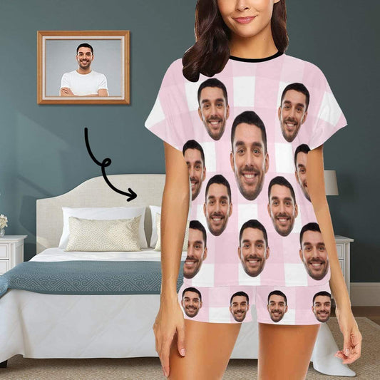 FacePajamas Pajama S Custom Face Pajamas for Women Pink&White Grid Loungewear Personalized Women's Short Pajama Set