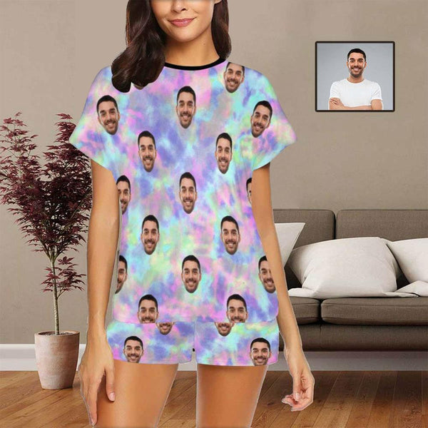 FacePajamas Pajama S Custom Face Pajamas Tie-dye Laser Pink Blue Sleepwear Personalized Women's Short Pajama Set