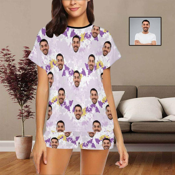 FacePajamas Pajama S Custom Face Pajamas Tie-dye Violet Sleepwear Personalized Women's Short Pajama Set