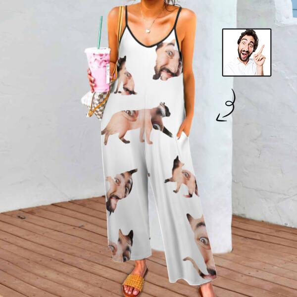 FacePajamas Pajama-2ML-SDS S Persoanlized Sleepwear Custom Face Loungewear with Photo On Them Cat Shape Women's Suspender Jumpsuit Loungewear