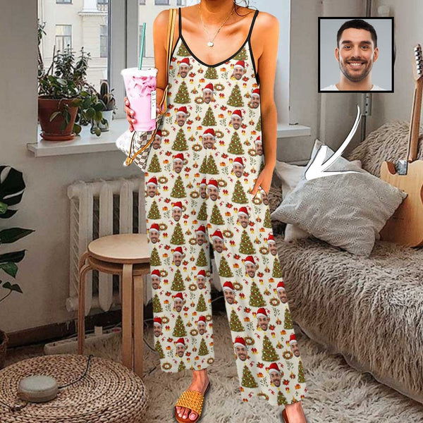 FacePajamas Pajama-SDS S Persoanlized Sleepwear Custom Photo Funny Loungewear With Faces On Women's Christmas Hat Tree Suspender Jumpsuit Loungewear