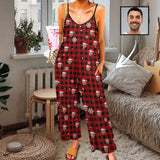 FacePajamas Pajama-2ML-SDS S Persoanlized Sleepwear Custom Photo Funny Loungewear With Faces On Women's Red Plaid Christmas Hat Suspender Jumpsuit Loungewear