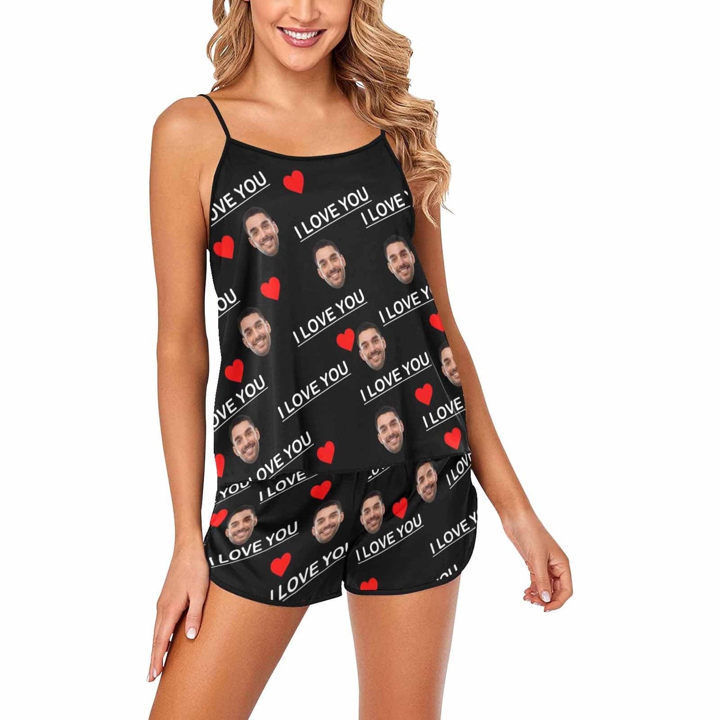 FacePajamas Pajama Sexy Cami Pajama Set With Text / XS [TikTok Hot Selling] Custom Face Pajamas Love Black Sleepwear Personalized Women's Sexy Cami Pajama Set Honeymoon Gift