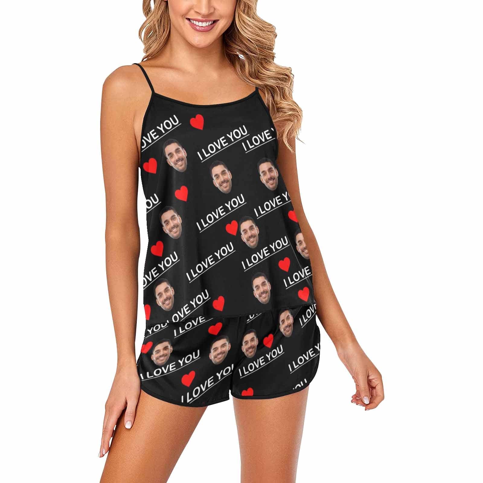 FacePajamas Pajama Sexy Cami Pajama Set With Text / XS [TikTok Hot Selling] Custom Face Pajamas Love Black Sleepwear Personalized Women's Sexy Cami Pajama Set Honeymoon Gift