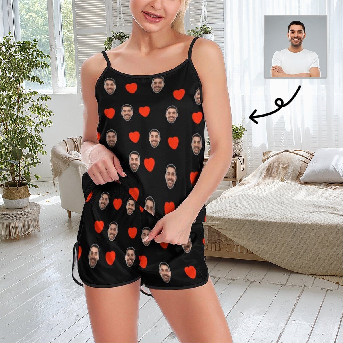 FacePajamas Pajama [TikTok Hot Selling] Custom Face Pajamas Love Black Sleepwear Personalized Women's Sexy Cami Pajama Set Honeymoon Gift