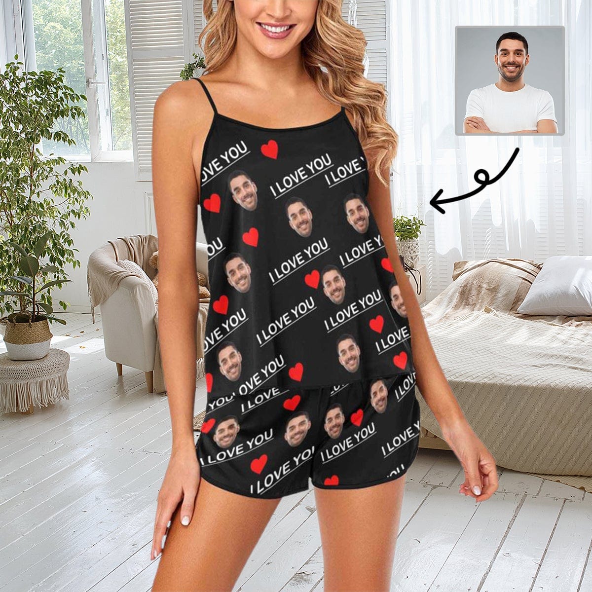 FacePajamas Pajama [TikTok Hot Selling] Custom Face Pajamas Love Black Sleepwear Personalized Women's Sexy Cami Pajama Set Honeymoon Gift