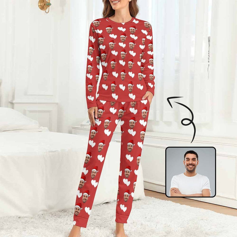 FacePajamas Pajama With Hat / XS Custom Boyfriend Face Pajamas Love Heart Christmas Hat Sleepwear Personalized Women's Crewneck Long Pajamas Set