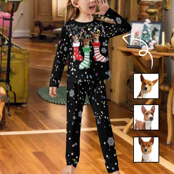 FacePajamas Kids Long Crew Neck XS Custom Face Pajamas Christmas Gift Socks Sleepwear Personalized Girls Long Sleeve Pajamas