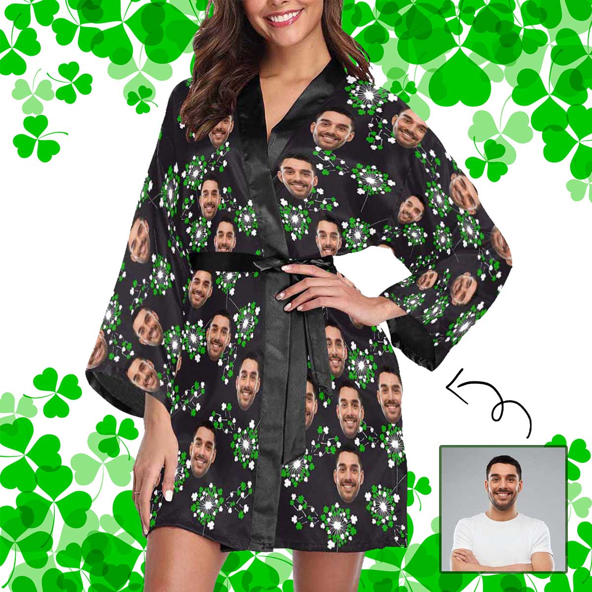 FacePajamas Pajama XS Custom Face Shamrock Dandelion Women's Short Pajama Kimono Robe